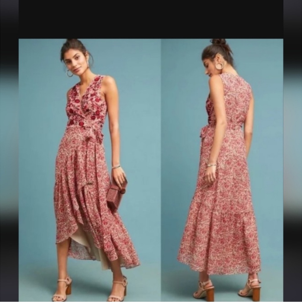 Anthropologie Ranna Gill Alexandra Floral Appliqué Beaded Wrap Maxi Dress in M - Picture 4 of 13